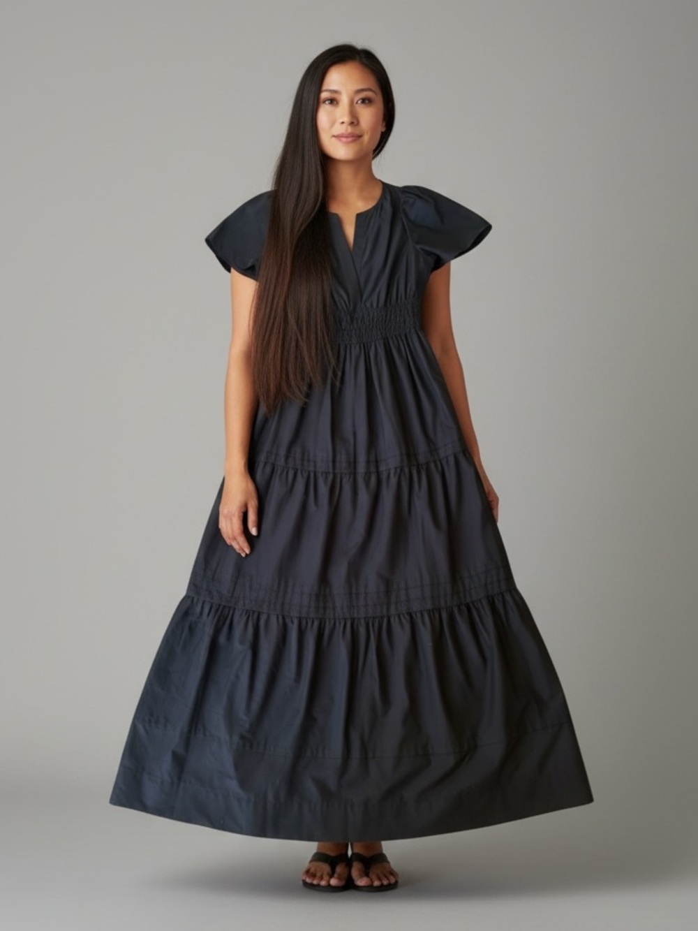 Anthropologie Black Cotton Tiered Maxi Dress Short Sleeve V-Neck Size 2 EUC
